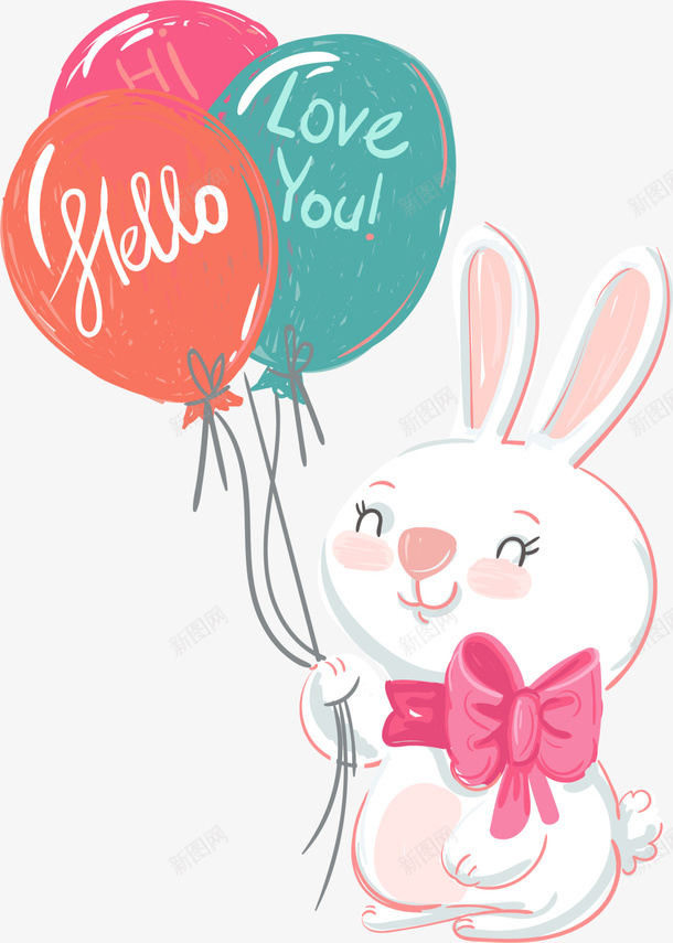 牵着气球的可爱兔子png免抠素材_88icon https://88icon.com 一串气球 可爱兔子 开心 牵着气球 白色兔子 童趣