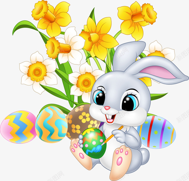 卡通手绘彩蛋与兔子png免抠素材_88icon https://88icon.com 创意 动漫动画 卡通手绘 彩蛋 灰色的兔子 简约 黄色的花朵