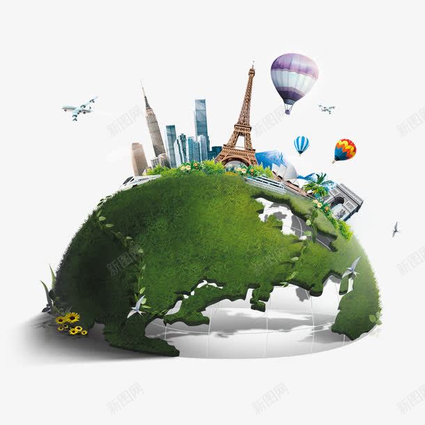 绿色地球城市png免抠素材_88icon https://88icon.com 健康 城市 热气球 环保 绿色地球