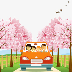 一家人自驾游观赏樱花素材