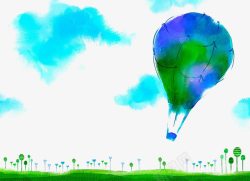 手绘水彩绿色热气球素材