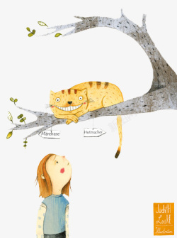 手绘看向树上的猫咪素材