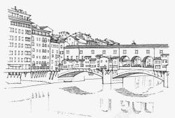 河道上的桥梁城市建筑线描图高清图片