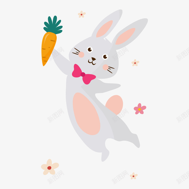 卡通快乐的兔子拿着萝卜png免抠素材_88icon https://88icon.com 兔子 兔子吃萝卜 兔子简笔画 动物 拿着 灰色 绘本 花朵 萝卜 蝴蝶结 跳跃 高兴
