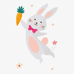 蝴蝶结花朵卡通快乐的兔子拿着萝卜高清图片