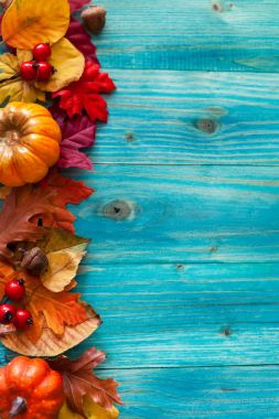蓝色木板与秋天树叶背景背景