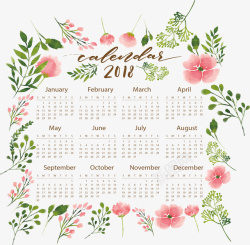 粉红色水彩花朵2018日历矢量图素材