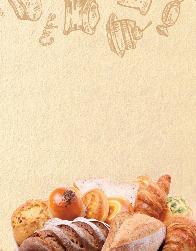 烘培面包美食促销海报jpg设计背景_88icon https://88icon.com 手绘背景 新品推荐 烘培 烘培比赛 甜点 美味 美食 面包