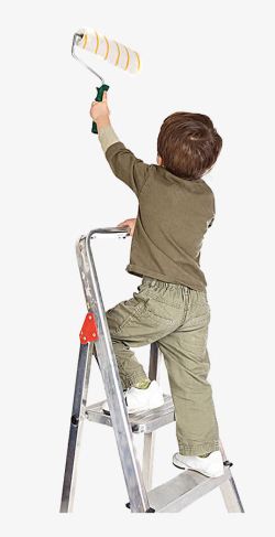 站在梯子上粉刷墙的孩子素材
