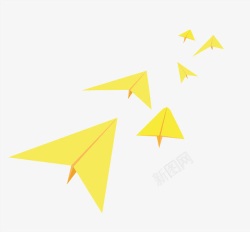 手制飞翔在天空的黄色纸飞机高清图片