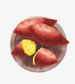 手绘饮食水彩木盘红薯俯视图素材