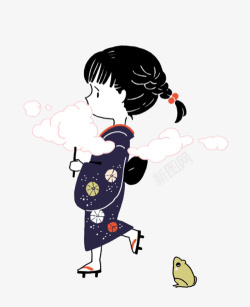 日本和服娃娃和服小女孩吃着棉花糖高清图片