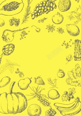 美式西餐手绘线稿菠萝果蔬食品水果面包海报背景