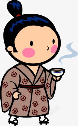 卡通手绘端茶日本小人动漫素材