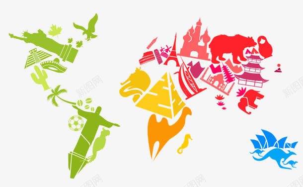 世界著名建筑与动物地图png免抠素材_88icon https://88icon.com 上帝耶稣耶和华 卡通 各地 地图 巴西耶稣像 悉尼 拼图 旅游景点 棕熊 澳大利亚 矢量拼接地图 自由女神 袋鼠