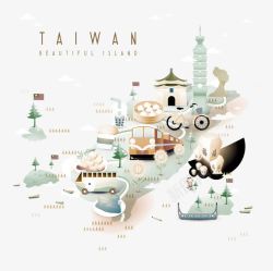 卡通台湾建筑美食地图素材