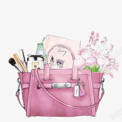 女性手提包png免抠素材_88icon https://88icon.com 化妆刷 小清新化妆品 手绘 水彩 粉色包包 花卉
