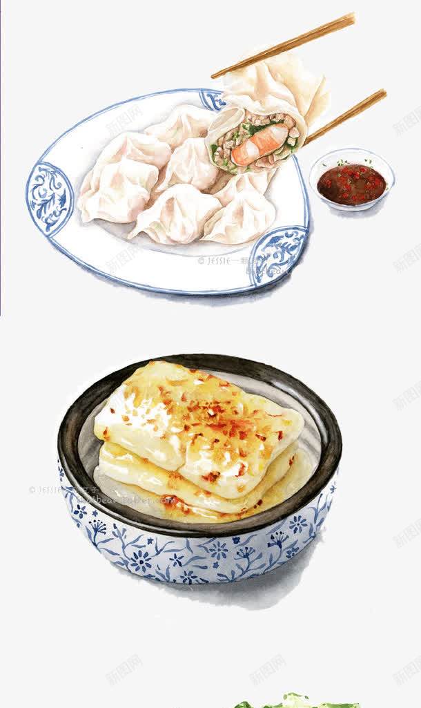 手绘美食png免抠素材_88icon https://88icon.com 五花肉 大饼 碟子 筷子 虾仁饺子 食物 饺子