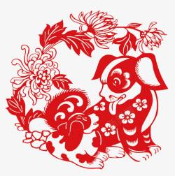 手绘喜鹊中国风插图红色狗狗窗花高清图片