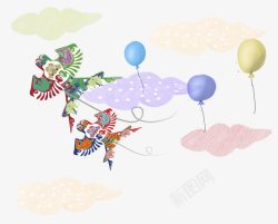 手绘燕子风筝气球云朵背景素材