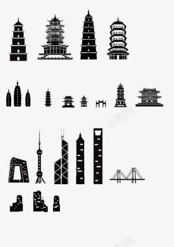 黑白中国建筑剪影素材