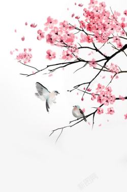 粉色手绘中国网桃花小鸟素材