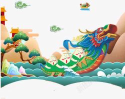 卡通浮云上的粽子礼盒端午节赛龙舟高清图片