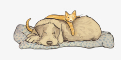 卡通垫子小猫趴在小狗身上高清图片