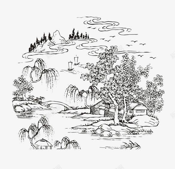 山水画手稿png免抠素材_88icon https://88icon.com 山水画 山水简笔画 简笔山水画 简笔画 黑色线条画