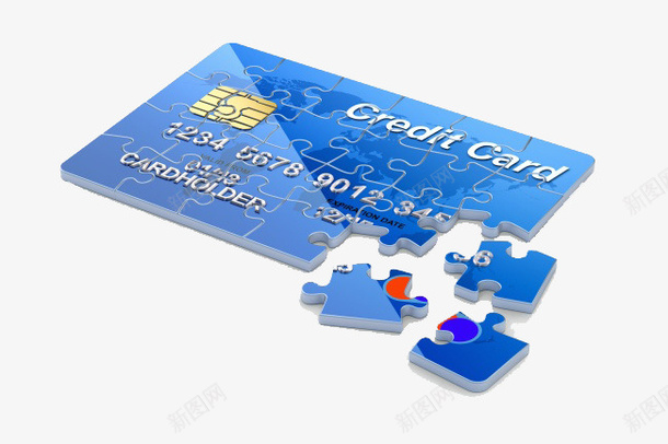 蓝色信用卡png免抠素材_88icon https://88icon.com 3D 信用卡 创意拼图 拼图 数字 磁条 立体 立体拼图