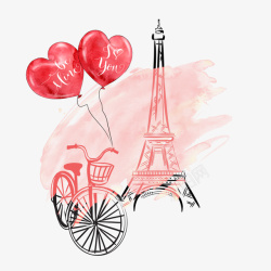 红色铁塔自行车桃心水彩彩绘巴黎铁搭高清图片