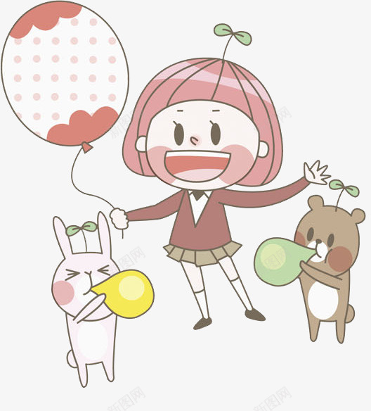 女孩和宠物一起吹气球png免抠素材_88icon https://88icon.com 兔子 卡通 女孩 嫩芽 小熊 开心 手绘 气球 高兴