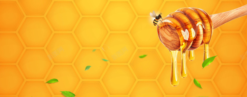 美食蜂巢蜂蜜背景jpg设计背景_88icon https://88icon.com 橙色 海报banner 绿叶 美食 背景 蜂巢 蜂蜜 蜜蜂
