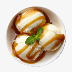 香草冰激凌一碗香草冰激凌和焦糖酱高清图片