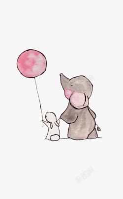 小象与小兔子玩气球素材
