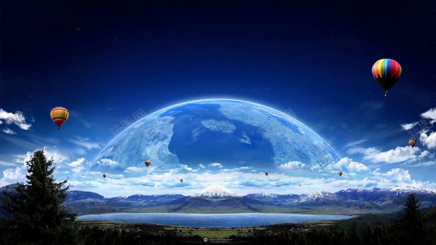 湖面星球热气球海报背景背景