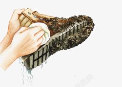 手绘插图清洗沾满污泥的鞋子素材