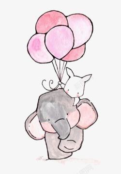 卡通手绘手拿气球的兔子小象素材