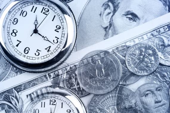 时间钟表与硬币美元背景背景