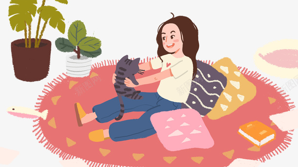 卡通手绘和猫咪玩耍的女孩psd免抠素材_88icon https://88icon.com 书本 卡通 和猫咪 手绘 抱枕 植物装饰 玩耍的女孩 红色的地毯