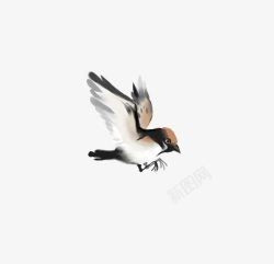 水墨青山绿水鸟飞行的小麻雀卡通手绘图高清图片