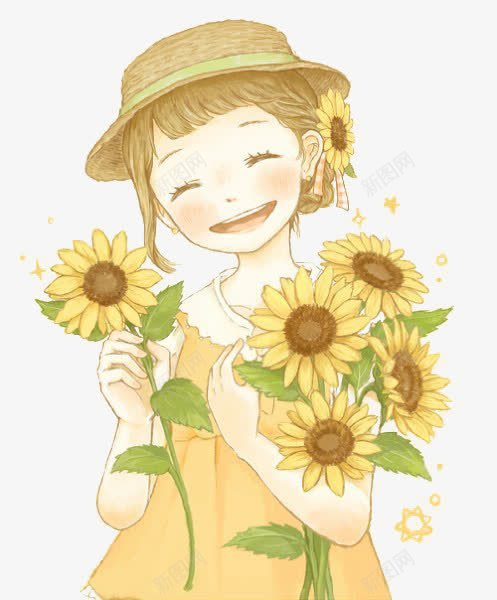 花卉png免抠素材_88icon https://88icon.com 向日葵 小女孩 手绘 秋天 笑容 花朵 黄色