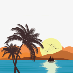 椰子树叶落日西山大海帆船椰棕树矢量图高清图片