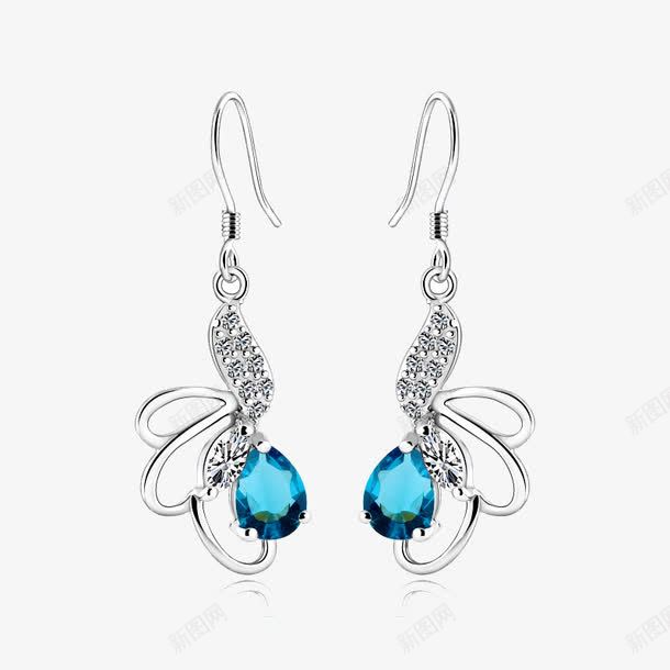 蓝宝石耳坠png免抠素材_88icon https://88icon.com 一对耳环 产品实物 耳环 银色花边 镶钻