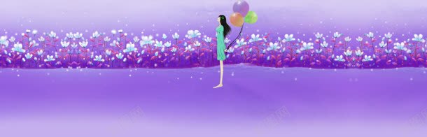 卡通紫色花丛女孩气球背景banner背景