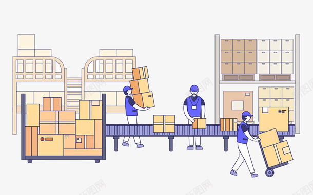 快递流水线的场景png免抠素材_88icon https://88icon.com 分拣 卡通 快递 插图 流水线 流程 箱子 装卸工 车间流水线