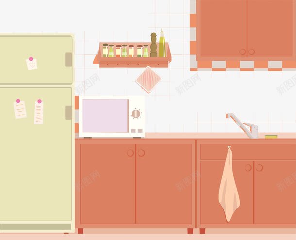 家居厨房插画png免抠素材_88icon https://88icon.com 冰箱 创意橱柜 厨房橱柜 微波炉 插画