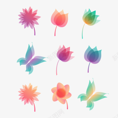 花瓣一组渐变花朵及蝴蝶矢量图图标图标