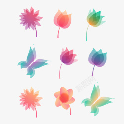 花朵样式一组渐变花朵及蝴蝶矢量图图标高清图片