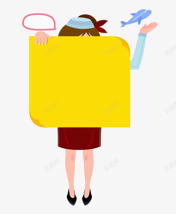 创意人物提示板png免抠素材_88icon https://88icon.com 乘务员 书写白板 创意文字框 卡通平面 手绘 提示板 文字框 职业空姐 黄色空白画卷
